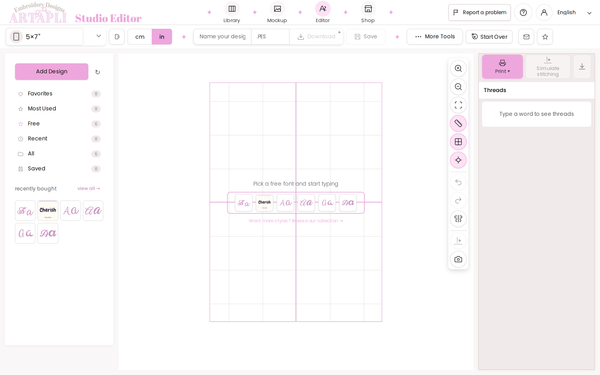 The Editor before a font is chosen: six free fonts in the middle of the hoop