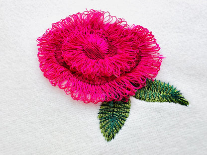 Small mini fringed fluffy Rose Peony Monogram accent machine embroidery