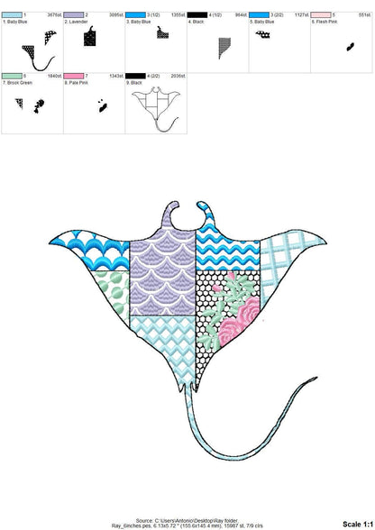 Patchwork Ray patterned sea life ocean animal Skate fish outline