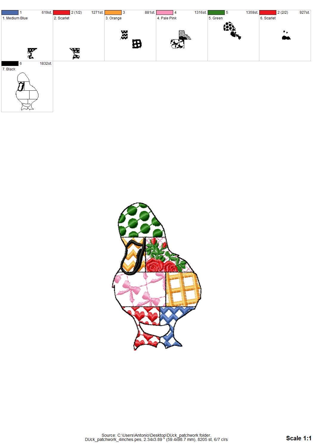 Patchwork Duck Bird patterned farm bird Duck outline machine embroidery