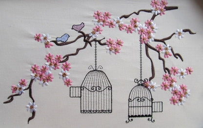 Cherry Blossom mini Flowers Birds and Cage awesome machine embroidery