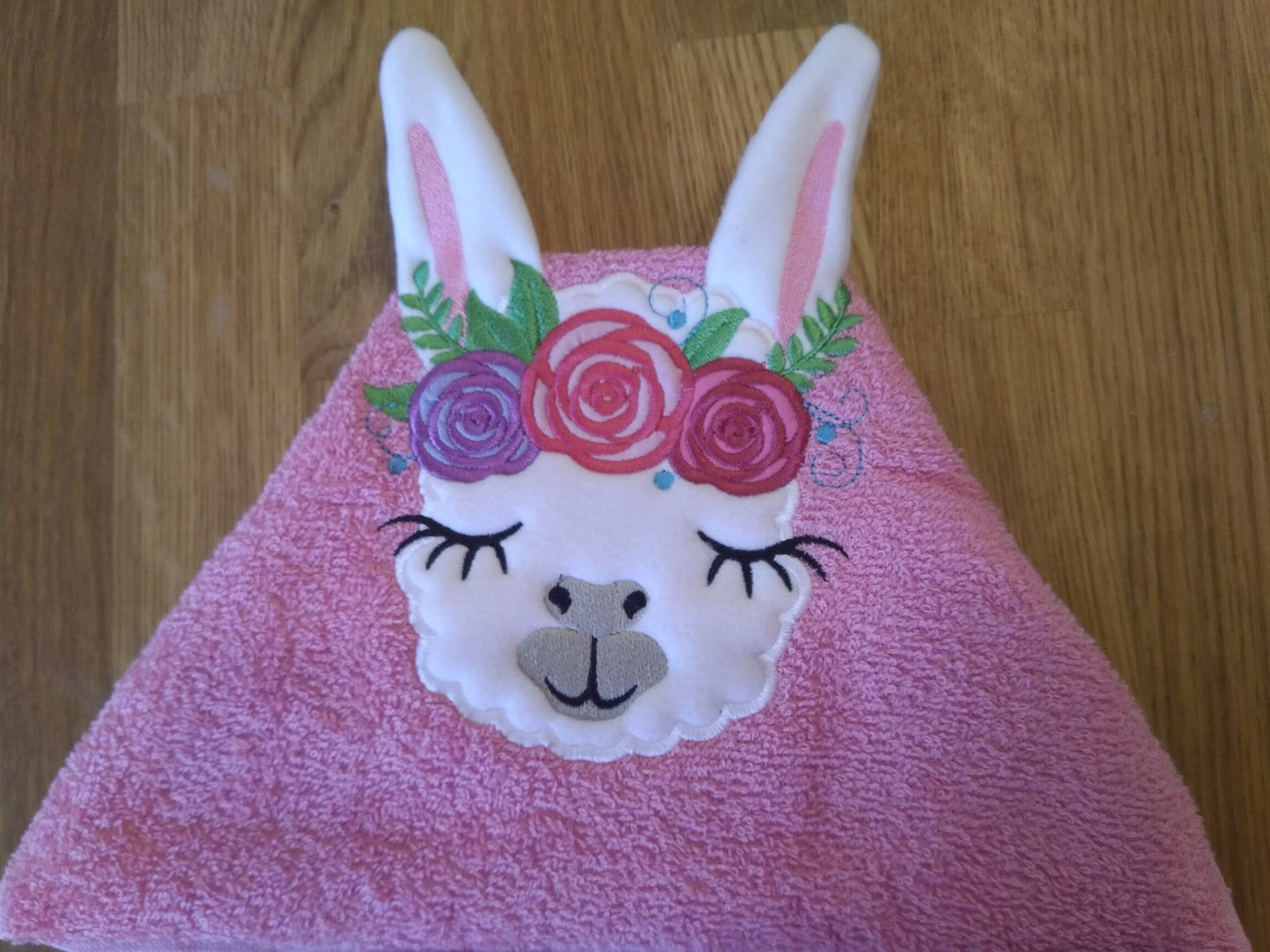 Hooded Towel Llama with Rose Crown