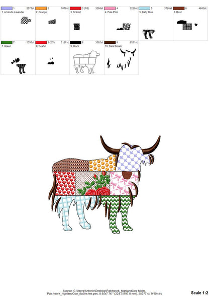 Patchwork Highland Cow patterned Cow silhouette machine embroidery