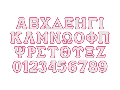 Glitter Greek Font light stitch diamonds and satin stitch outline