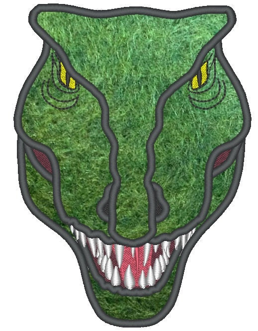 T-rex Dinosaur Face, machine embroidery applique and fil lstitch