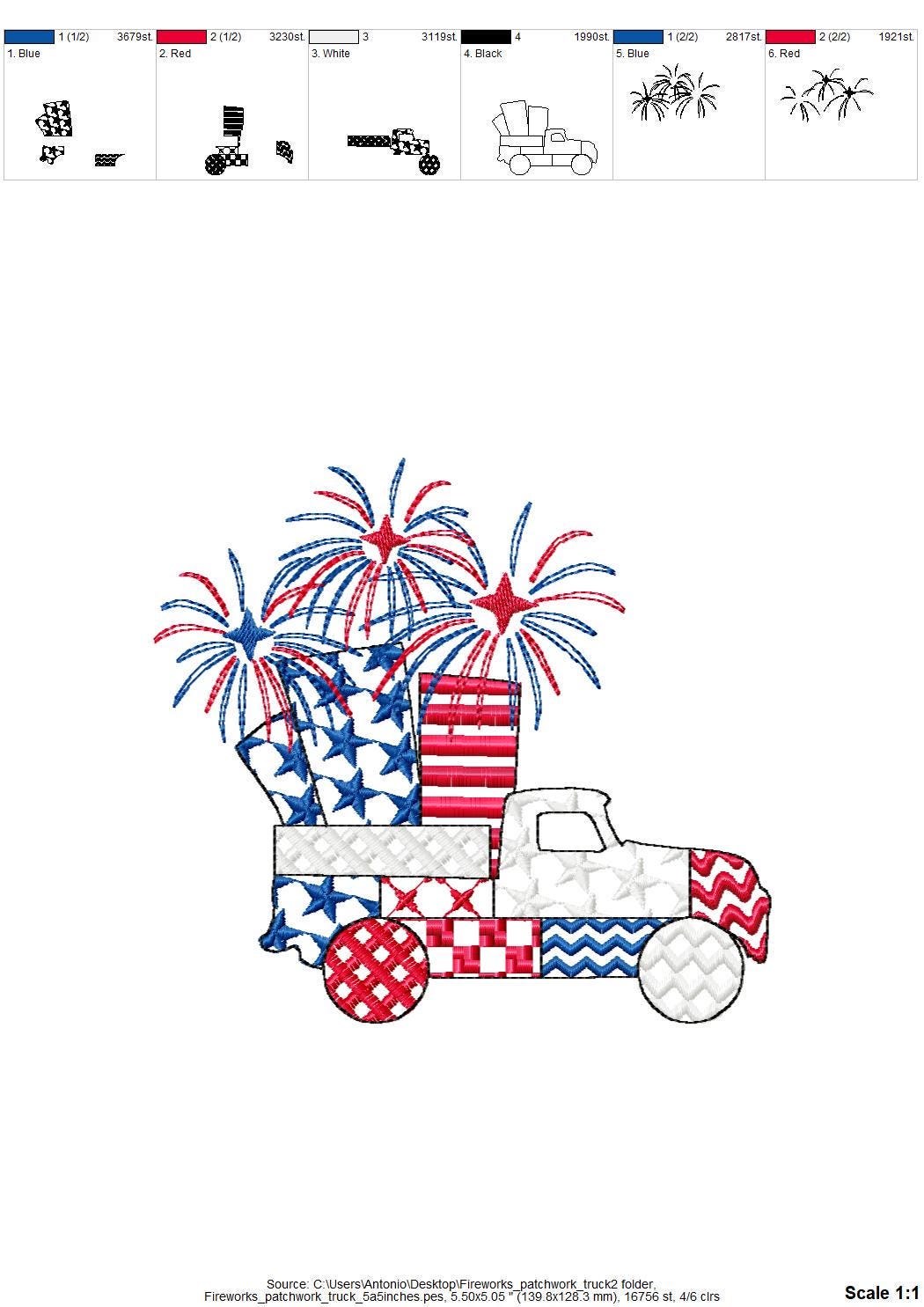 Patriotic Patchwork Red Truck with Fireworks patterned Truck outline
