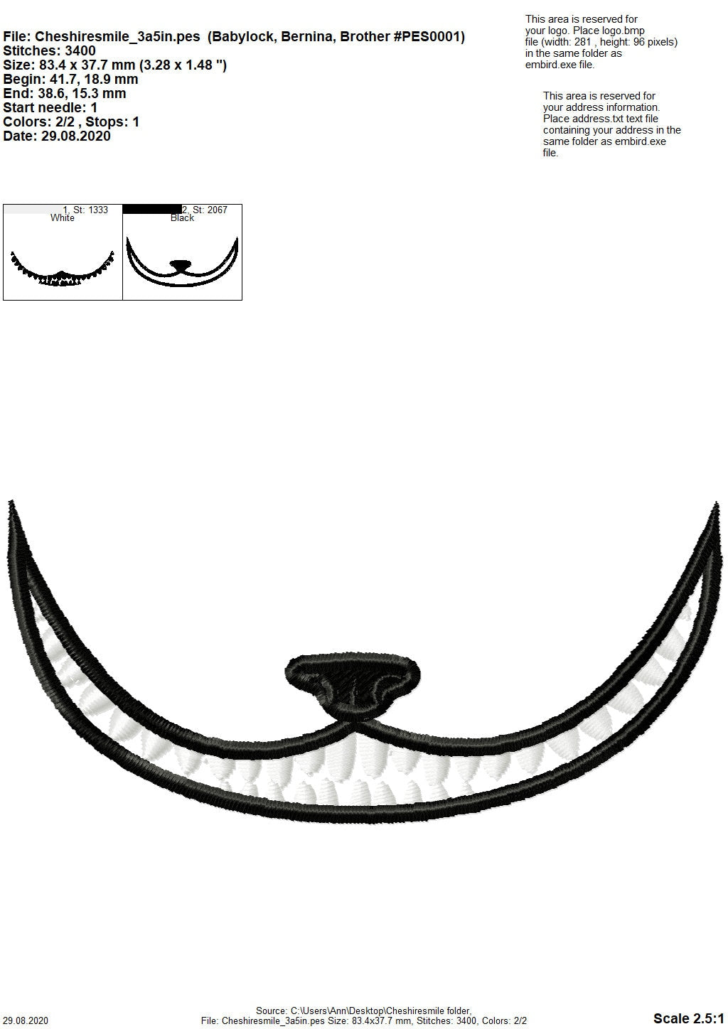 Cheshire Cat smile face mask Cat face machine embroidery designs 3.5,