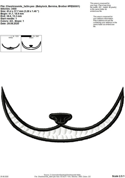 Cheshire Cat smile face mask Cat face machine embroidery designs 3.5,