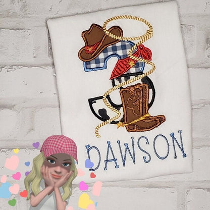 Little Cowboy Birthday Number 3 THREE wide satin stitch Applique