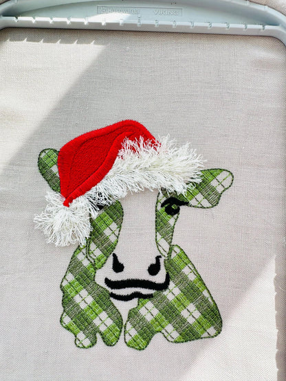 Gingham Patterned Cow Fringed Santa Hat