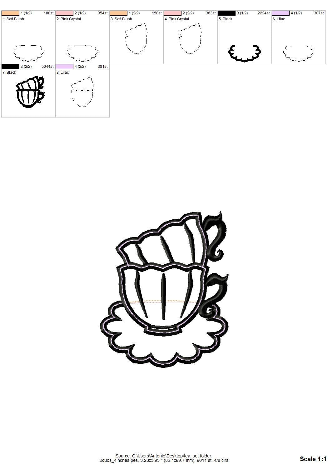 Tea Party Teapot and Stacked teacups Applique SET of 7 types curved