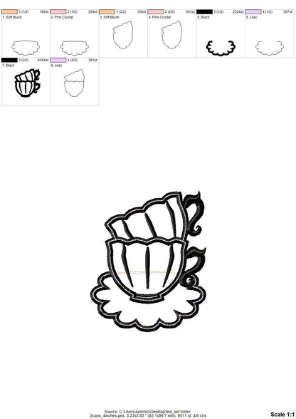 Tea Party Teapot and Stacked teacups Applique SET of 7 types curved