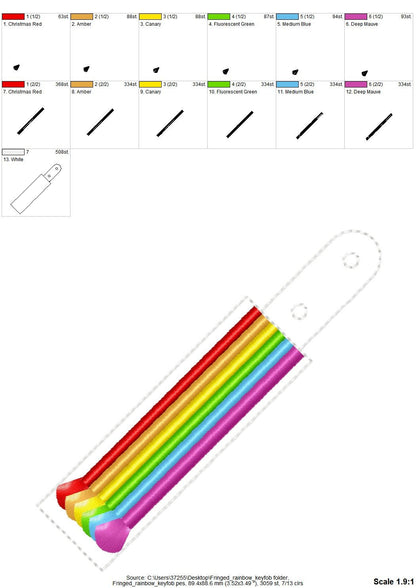Fringed Rainbow key fob snap tab ITH in the hoop machine embroidery