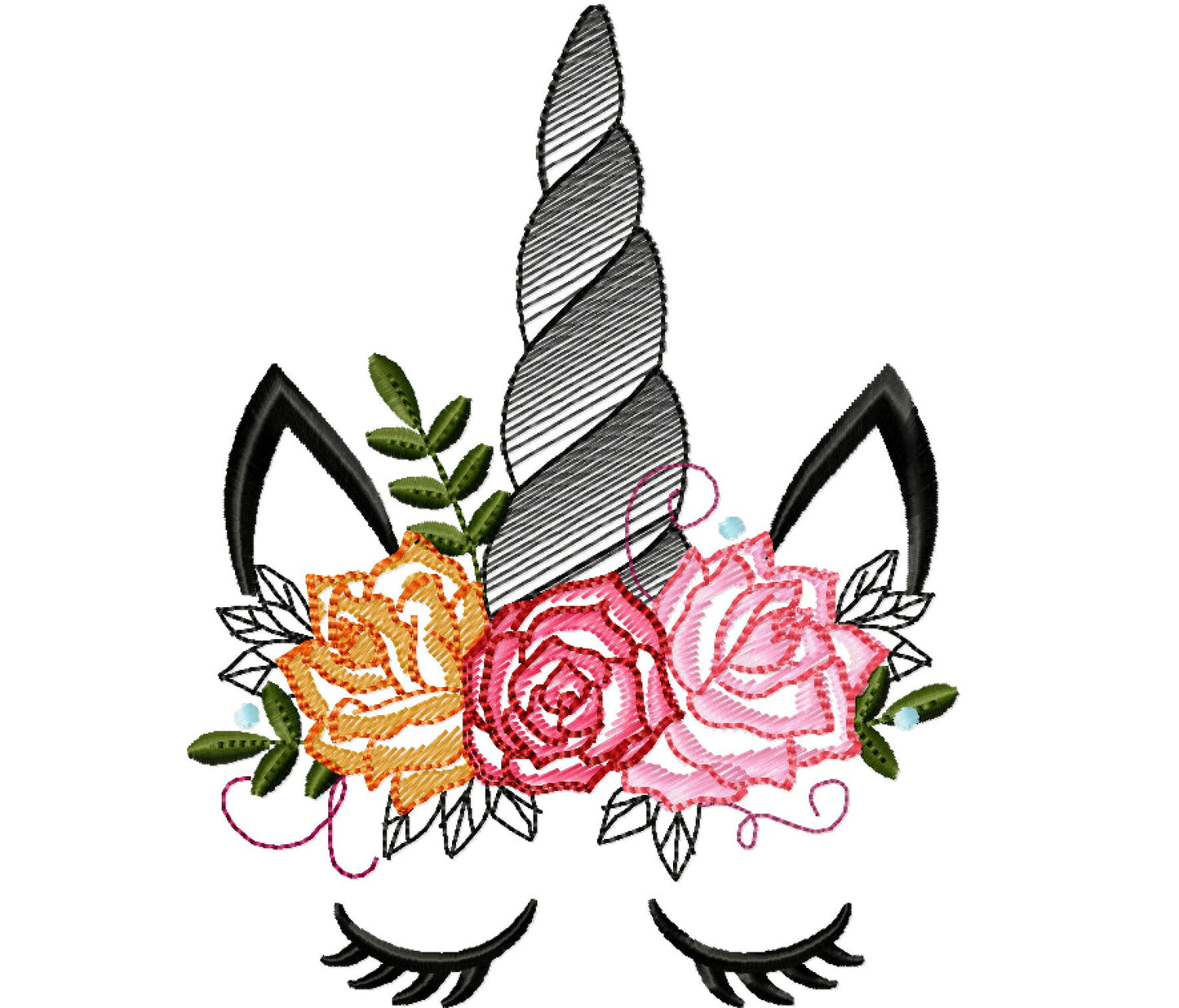 Unicorn drawing sketch embroidery design with shabby chick roses