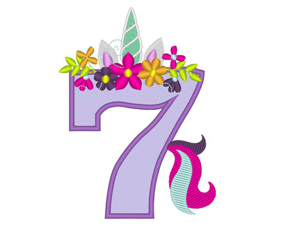 Floral Unicorn with Tail Birthday Numbers Applique