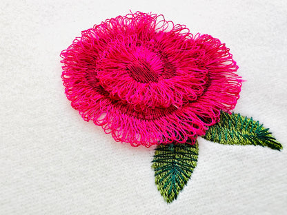 Small mini fringed fluffy Rose Peony Monogram accent machine embroidery