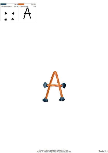 Rope stitch FONT with fringed ends tassel alphabet letters numbers
