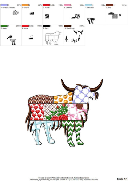 Patchwork Highland Cow patterned Cow silhouette machine embroidery
