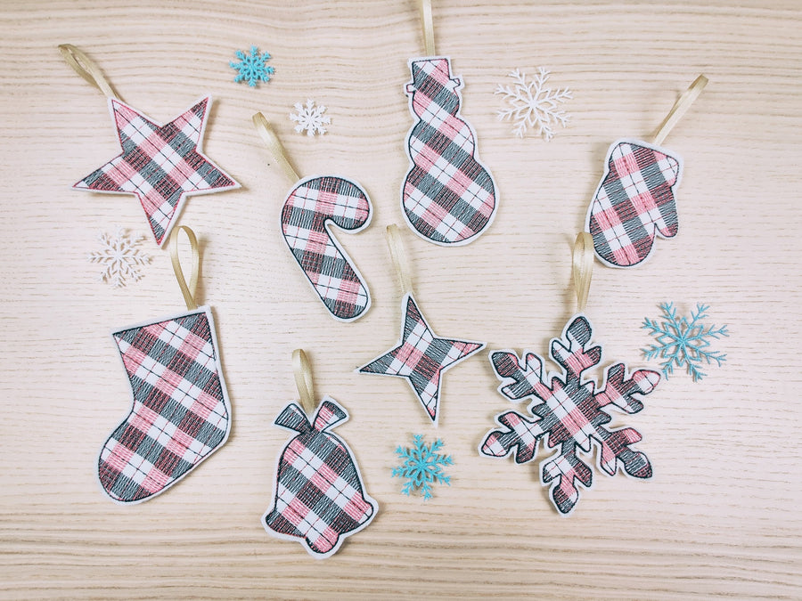 Gingham Plaid Christmas Tree Ornaments ITH