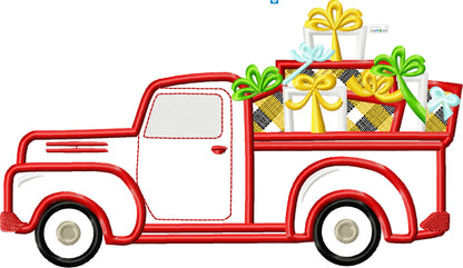 Station wagon with Christmas gifts in gingham plaid wrap Truck with