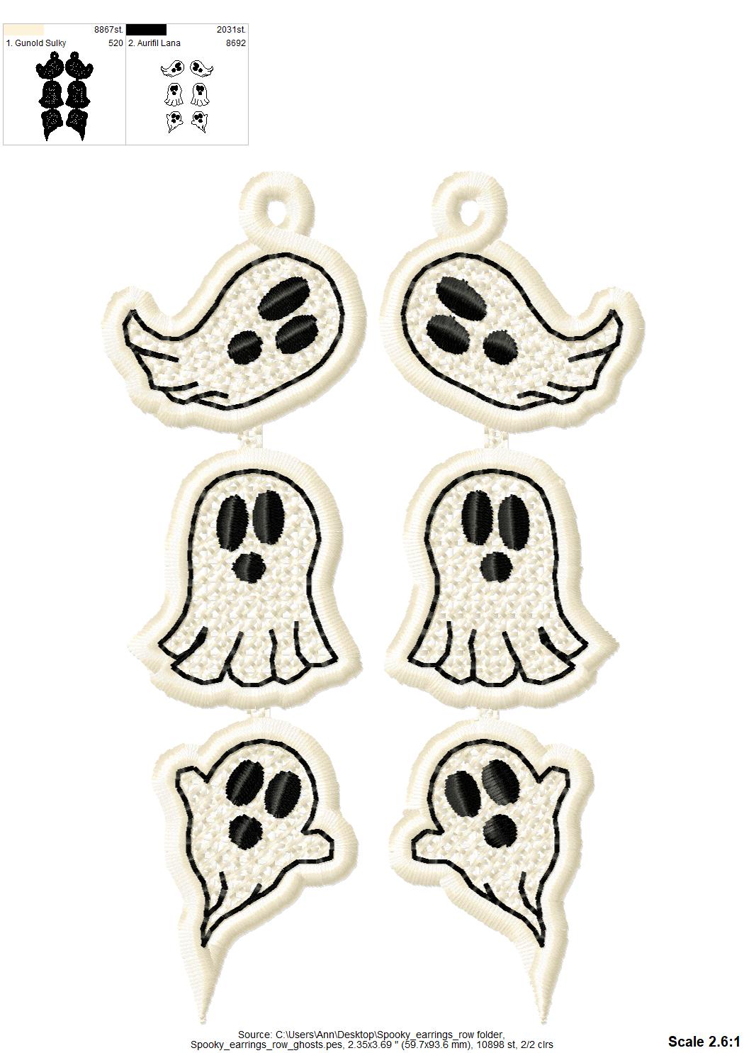 Spooky Ghosts in a row dangle Earrings ITH in the hoop FSL freestanding