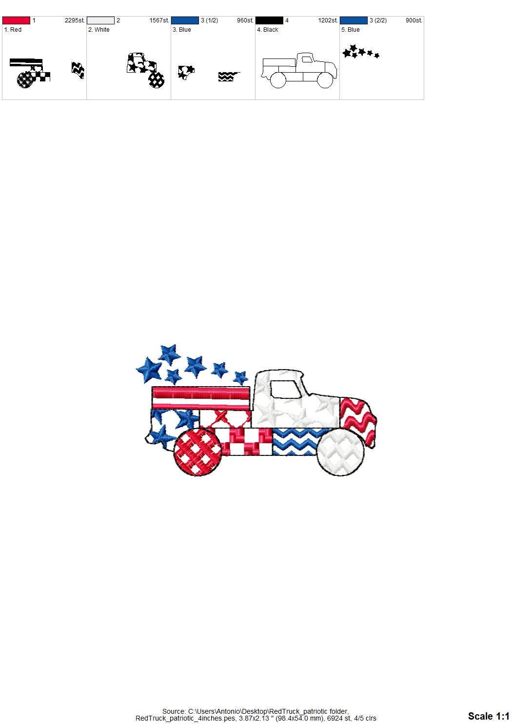 Patriotic Patchwork Red Truck with Stars patterned Truck outline