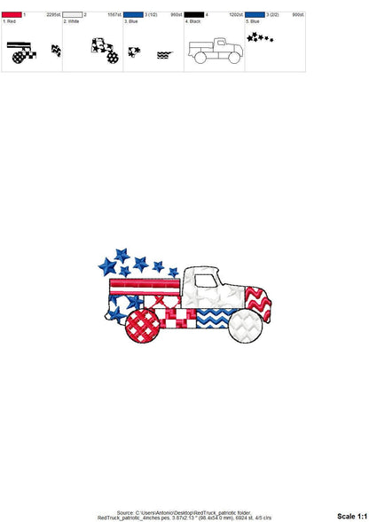 Patriotic Patchwork Red Truck with Stars patterned Truck outline