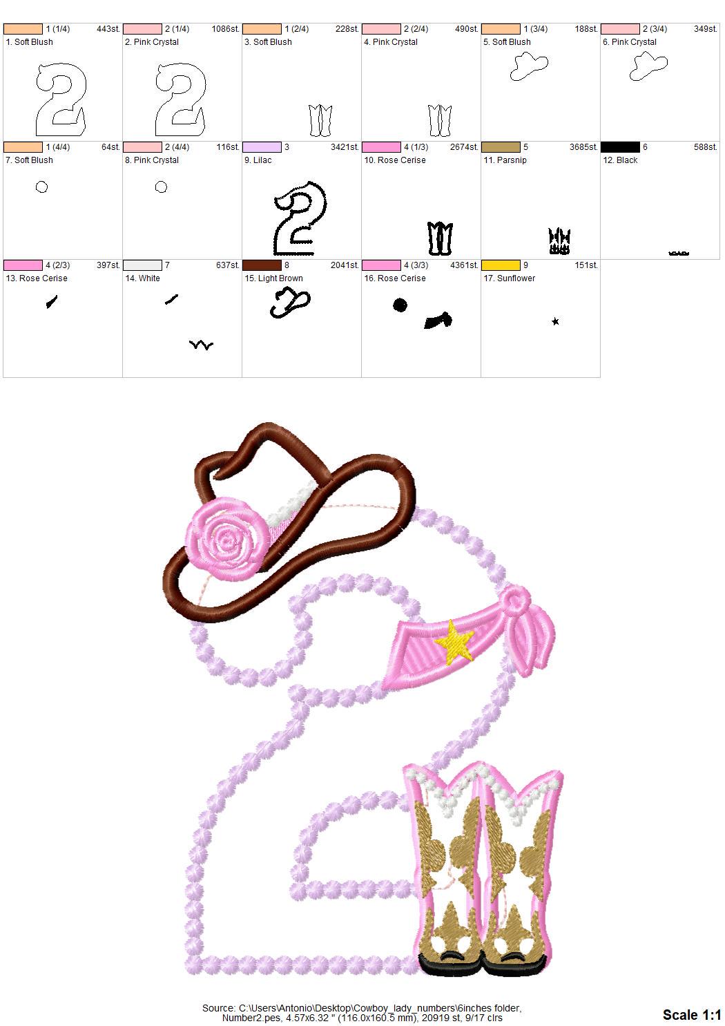 Lady Cowboy Birthday numbers whole set of numbers 1-9 Applique machine