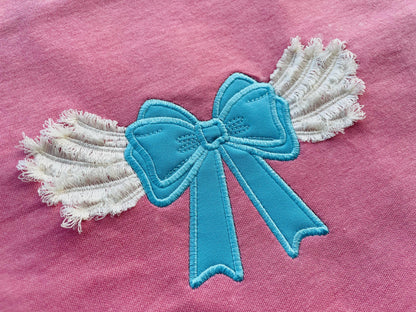 Fringed Angel wings fluffy feathers side Bow split seam in the hoop