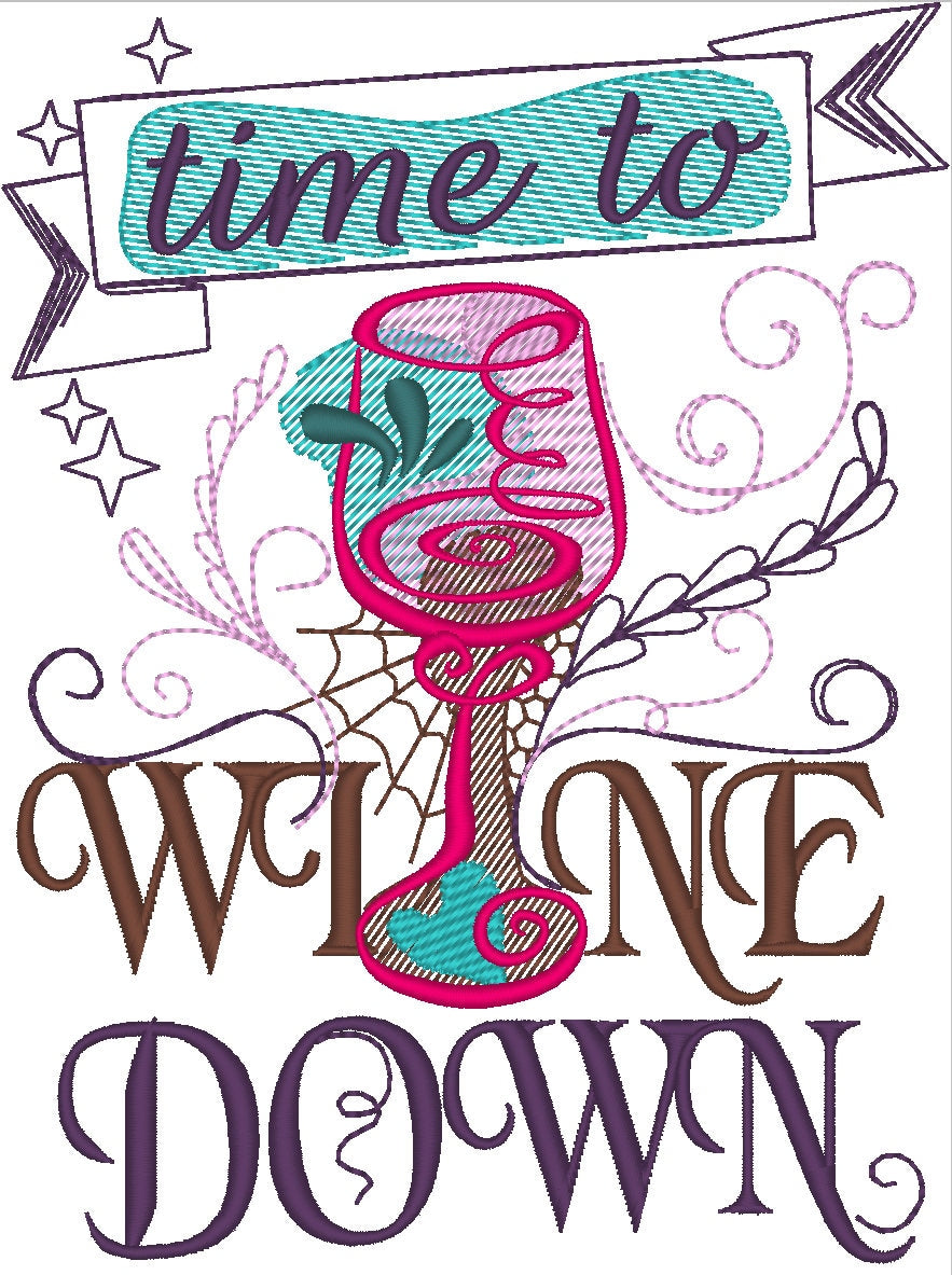 Time to wine down machine embroidery designs 4x4 and 5x7 kitchen towels
