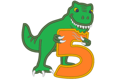 T-rex dinosaur Birthday number FIVE 5 machine embroidery Birthday