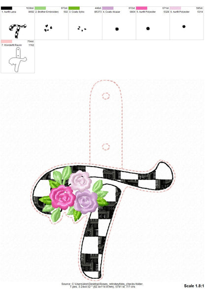 Floral Rose Patterned Monogram Keychain