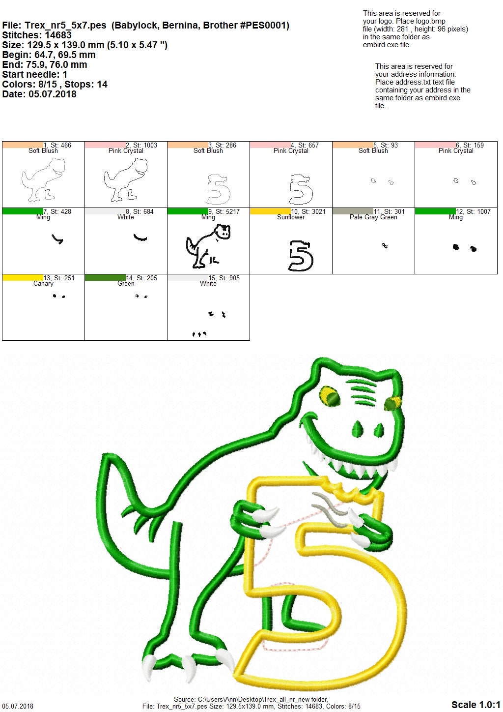 T-rex dinosaur Birthday number FIVE 5 machine embroidery Birthday