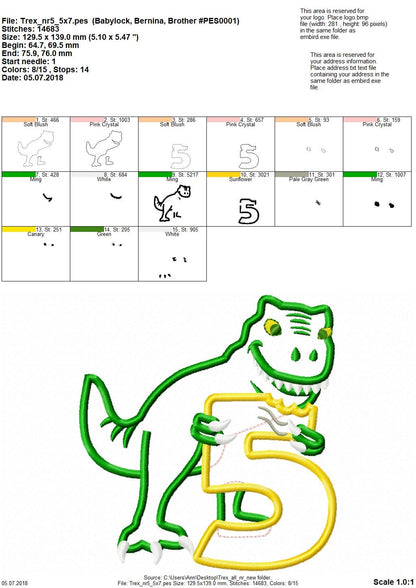 T-rex dinosaur Birthday number FIVE 5 machine embroidery Birthday
