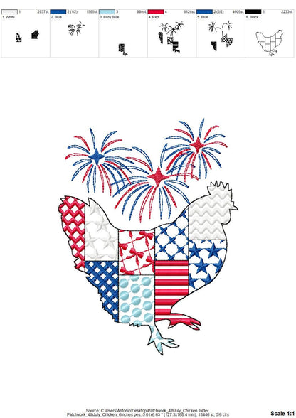 Patchwork Farm Chicken silhouette outline and Fireworks patterned