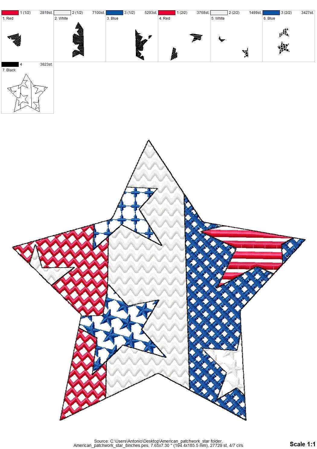 Patchwork Patriotic Star outline US flag stars and stripes patterned
