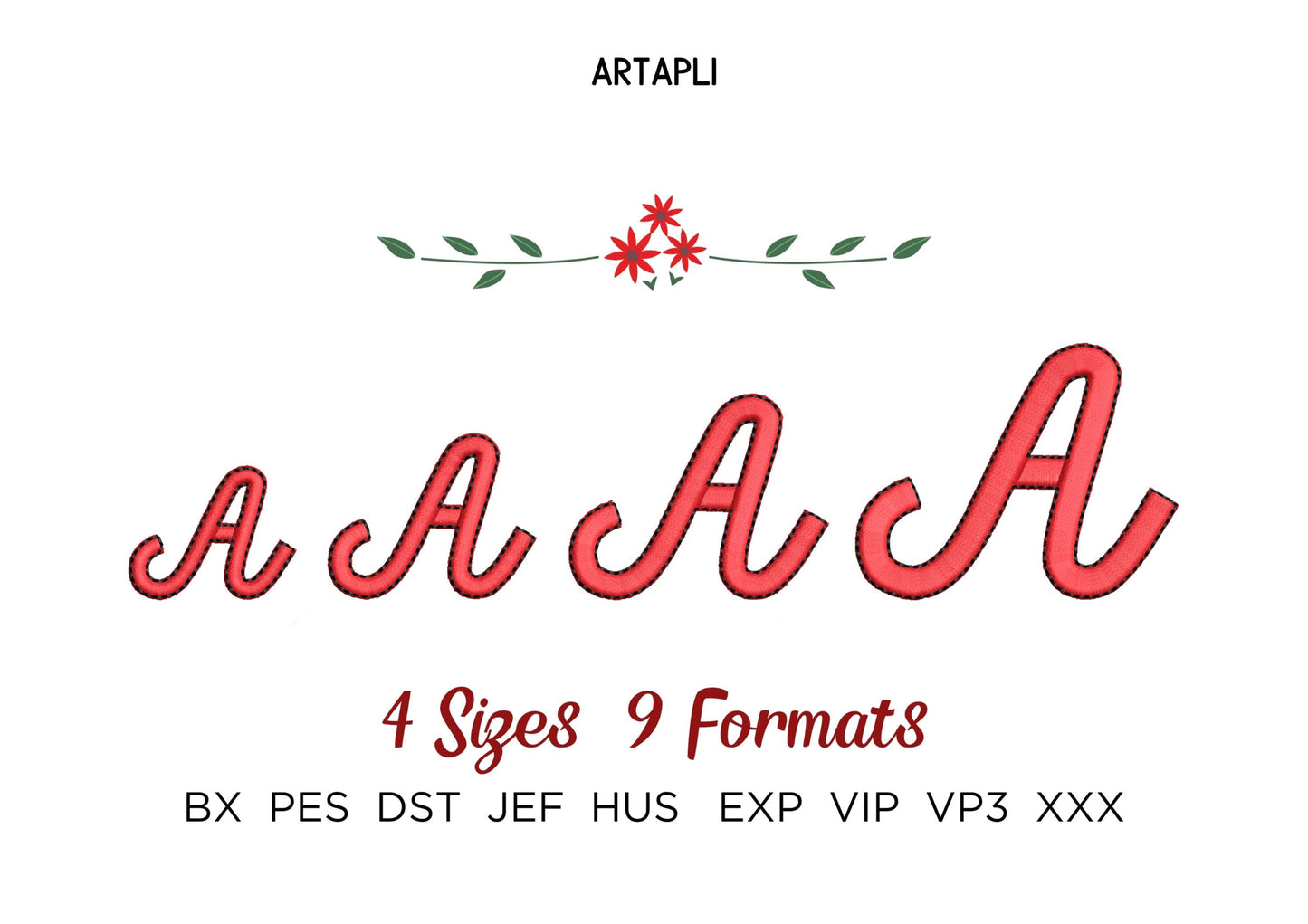 Satin stitch FONT with bean outline cursive script handwritten Font