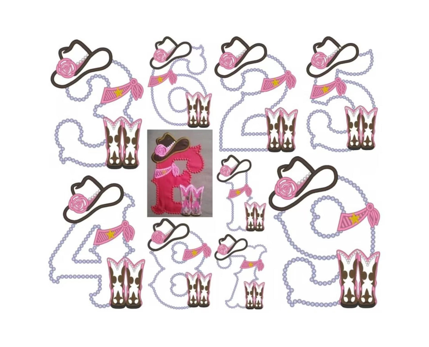 Lady Cowboy Birthday numbers whole set of numbers 1-9 Applique machine