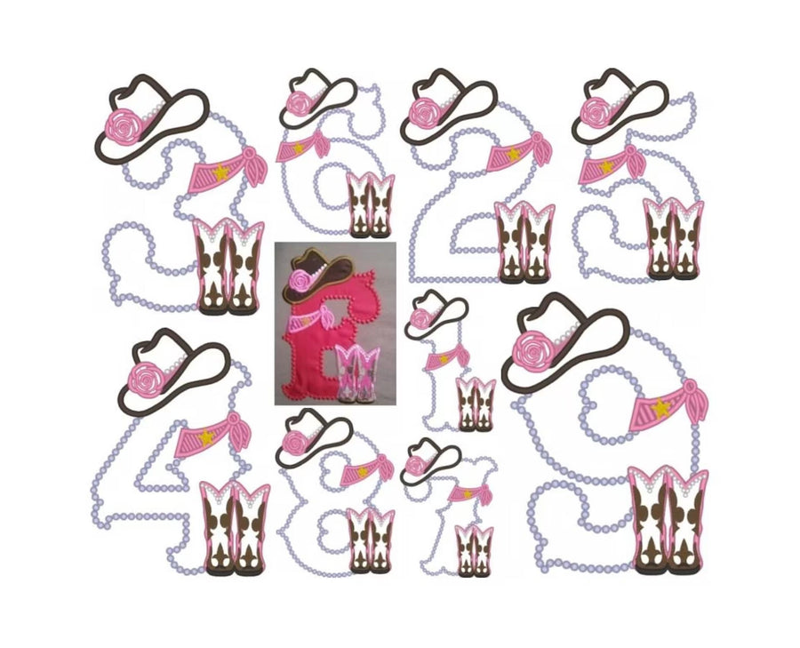 Lady Cowboy Birthday numbers whole set of numbers 1-9 Applique machine