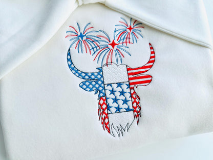 Patchwork Highland Cow Bull farm animal patterned outline and Fireworks