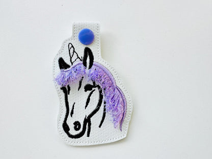 Unicorn face Key Fob Snap Tab and Eyelet girls keychain in the hoop
