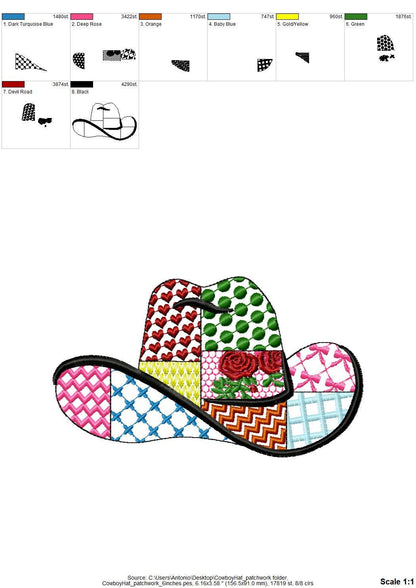 Patchwork Cowboy Hat patterned silhouette outline machine embroidery