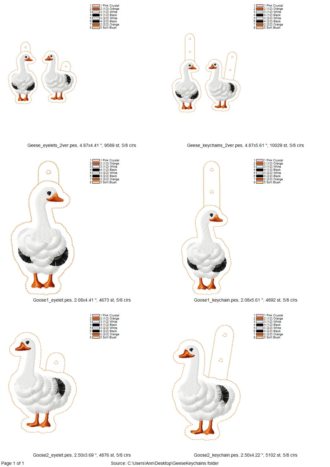 Fringed Geese key fob snap tab SET of 2 Goose keychain in the hoop