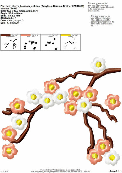 Cherry Blossom mini for embroidery hoops 4x4, 5x7 and 6x10