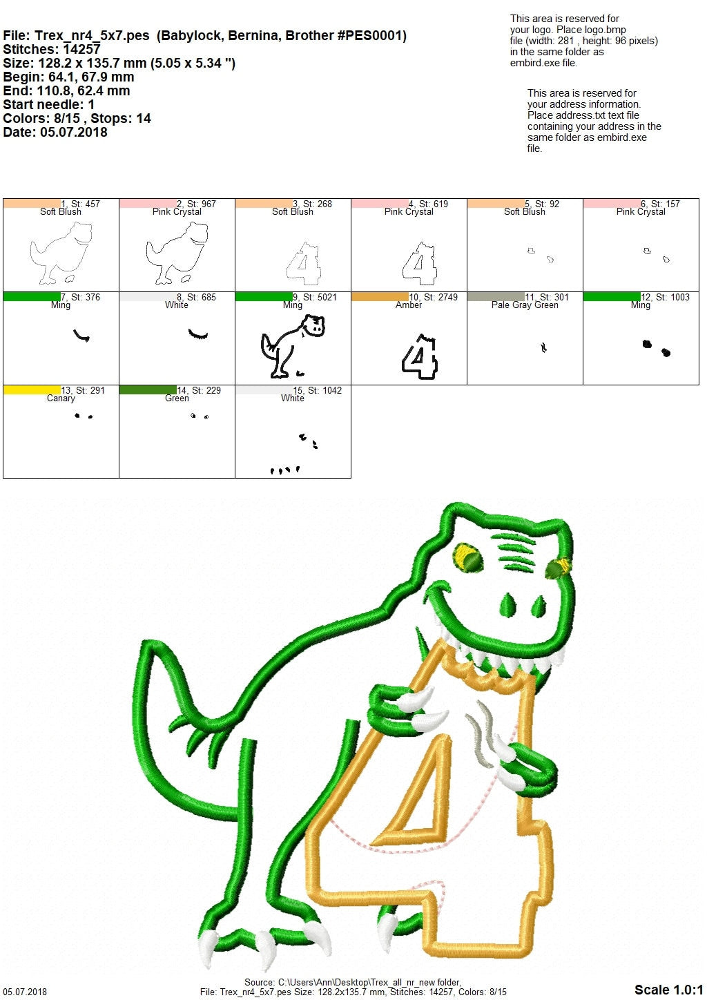 T-Rex Birthday Number Four Applique