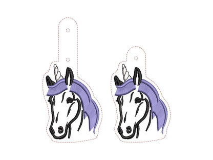 Unicorn face Key Fob Snap Tab and Eyelet girls keychain in the hoop