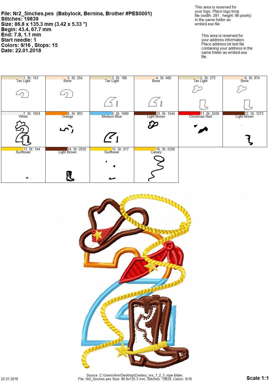 Little Cowboy Birthday Number 2 TWO wide satin stitch Applique machine