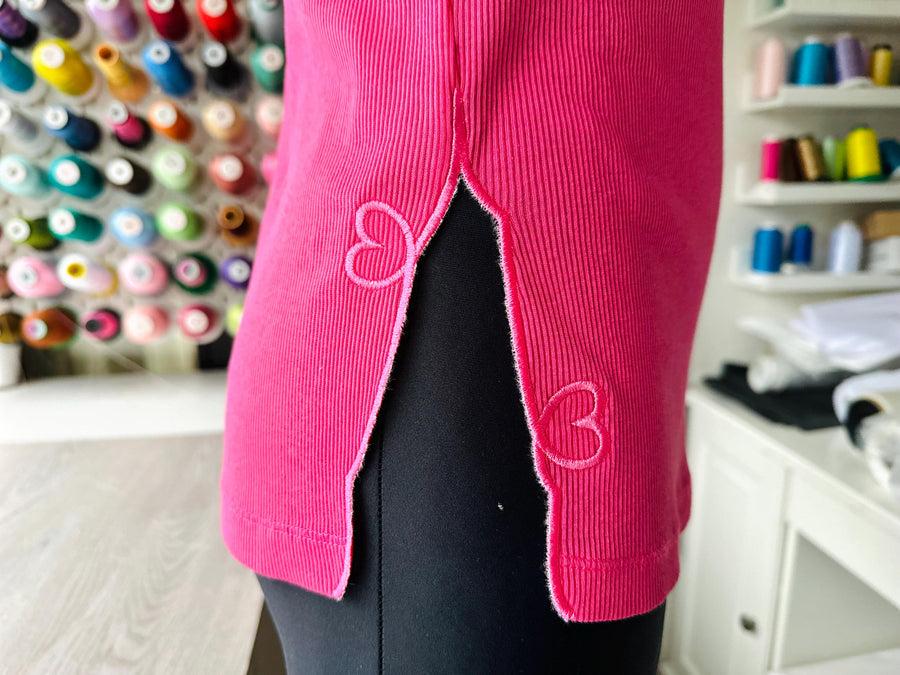 Two small Hearts split side seam cutout Side Bow machine embroidery