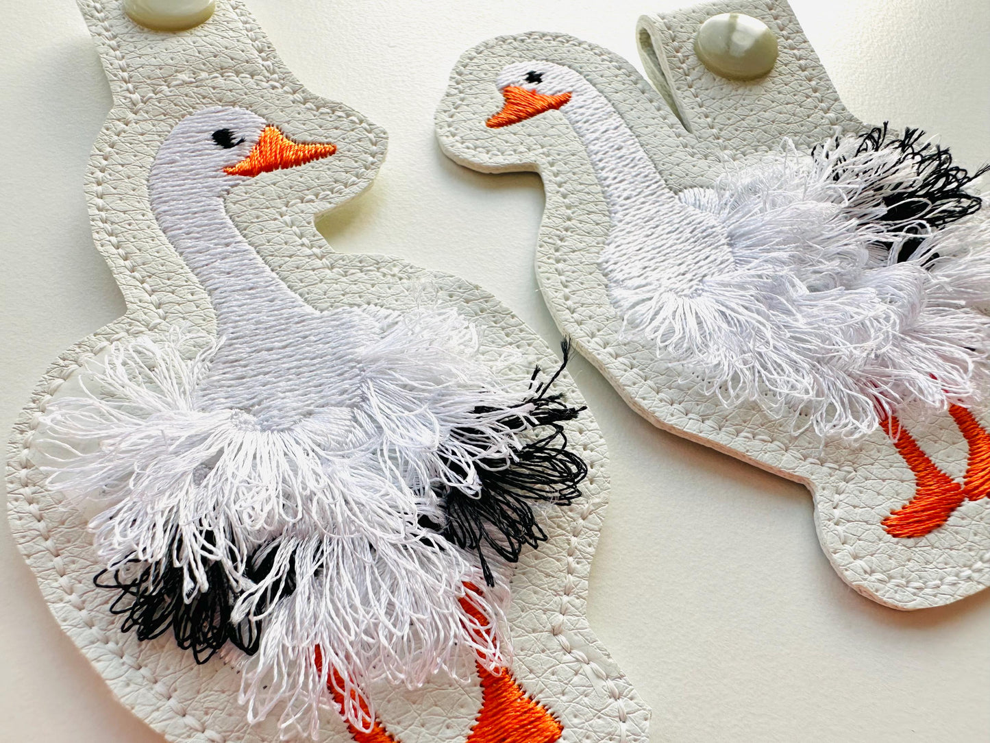 Fringed Geese key fob snap tab SET of 2 Goose keychain in the hoop