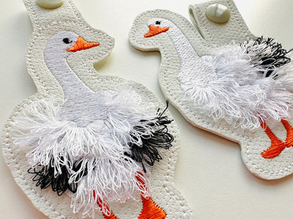 Fringed Geese key fob snap tab SET of 2 Goose keychain in the hoop